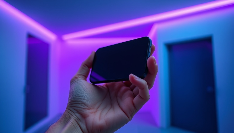 Sleek black gadget held in hand with futuristic purple lighting.