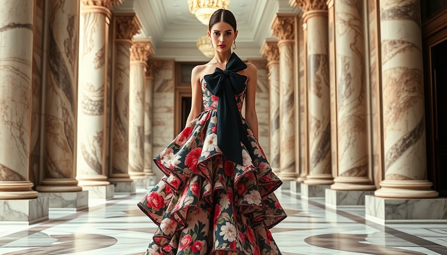Elegant fashion model in floral gown at luxurious marble hall.
