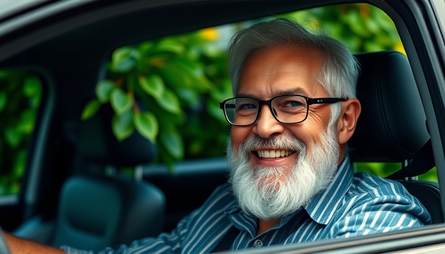Older man smiling in car with lush greenery background.