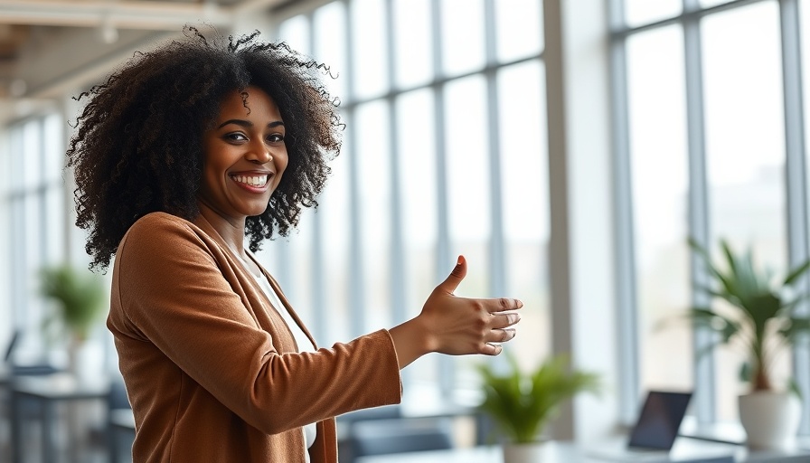 Woman building trust in high-stakes industry by shaking hands, smiling warmly.