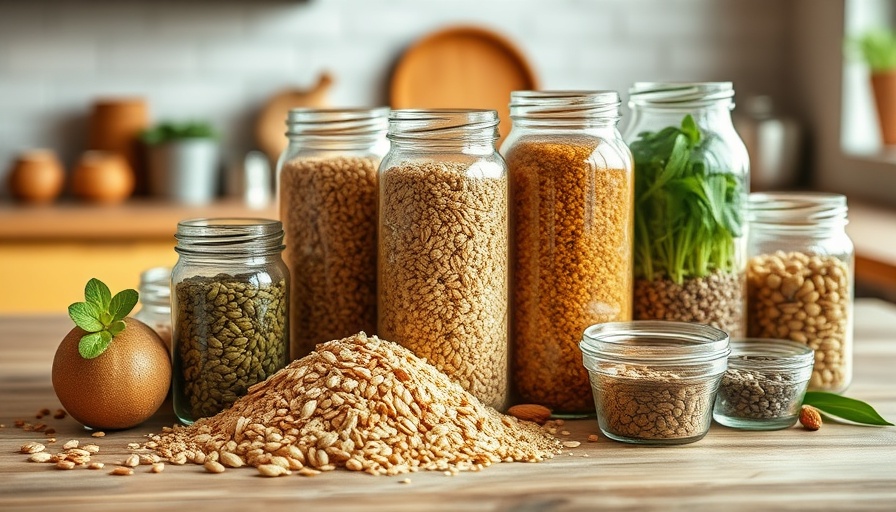 Sprouted grains, nuts, and seeds in jars on kitchen counter.