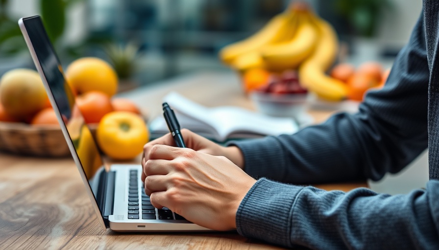 Hands on laptop with fruits; focus on Standard American Diet.