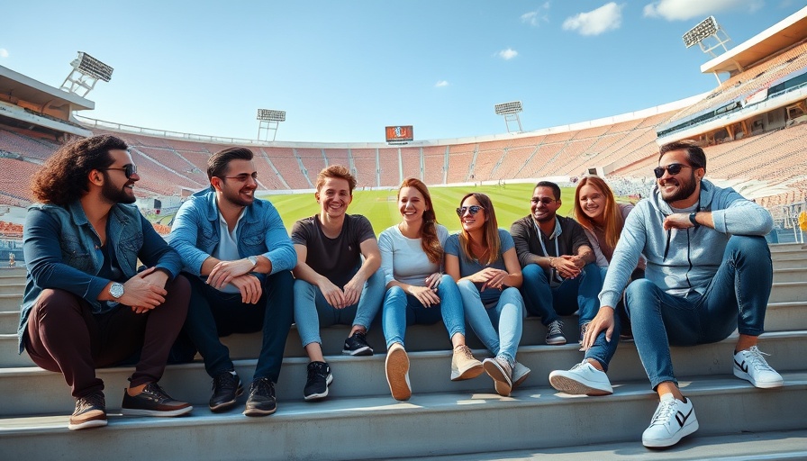 Team in casual wear on stadium steps, Handwave palm payment solution.