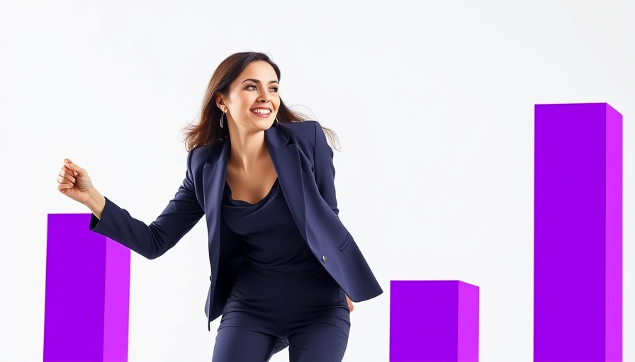 Woman climbing purple bar graphs symbolizing scalable business growth.