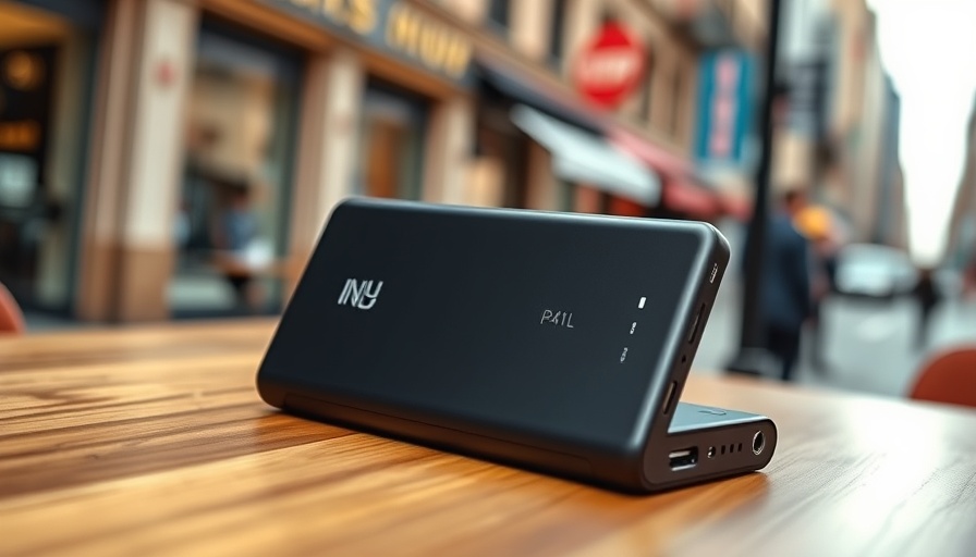 Sleek INIU P41L power bank on table with urban street backdrop