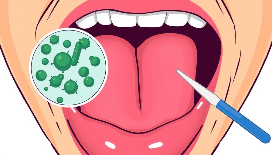 Illustration of mouth with tongue and bacteria, shows tongue scraping health benefits.