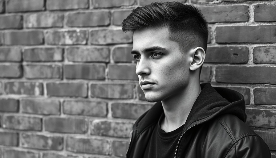 Confident young man introspectively standing by a brick wall, monochrome.