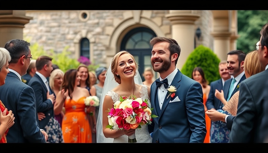 Joyful wedding couple laughing surrounded by guests, learn how to be a memorable professional wedding guest.