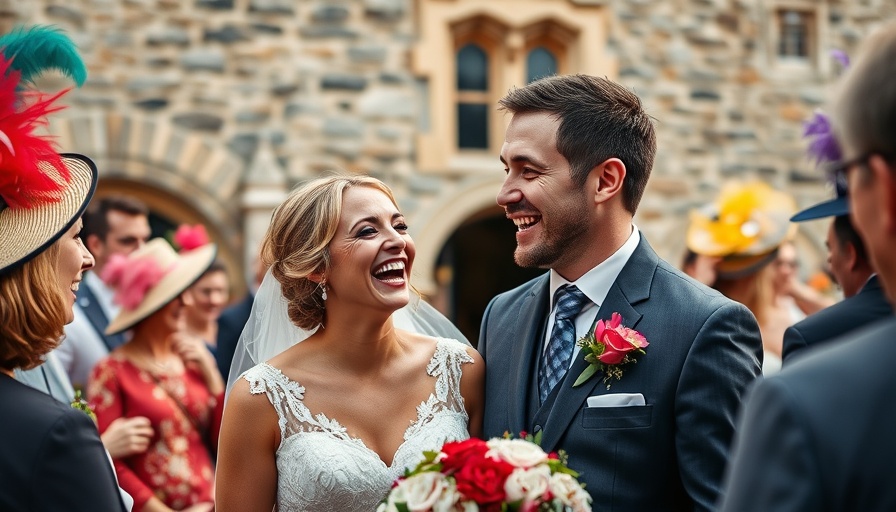 Professional wedding guests cheer as bride and groom laugh joyfully outdoors.