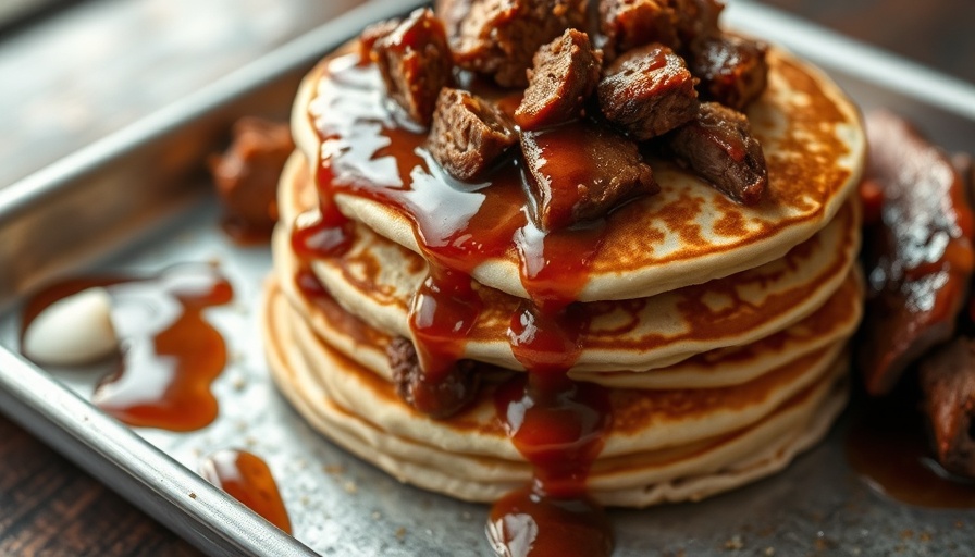 Austin eateries' brisket pancakes with BBQ sauce, vibrant close-up