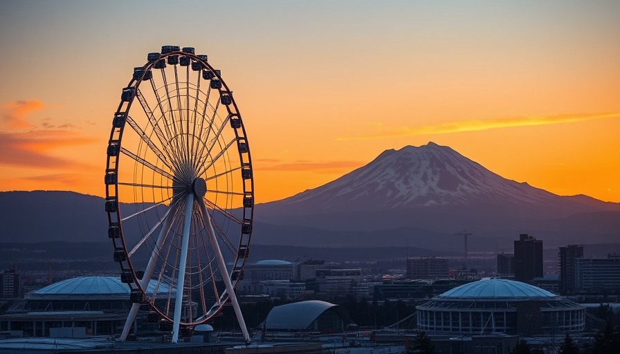 Seattle Ferris wheel and mountain backdrop at sunset.