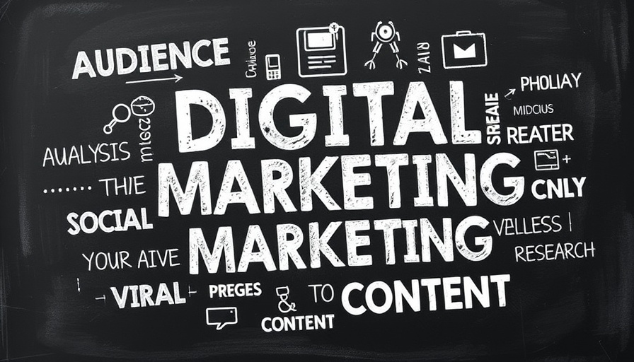 Digital Marketing's Evolution Redefining Business Strategies poster with keywords on blackboard background.