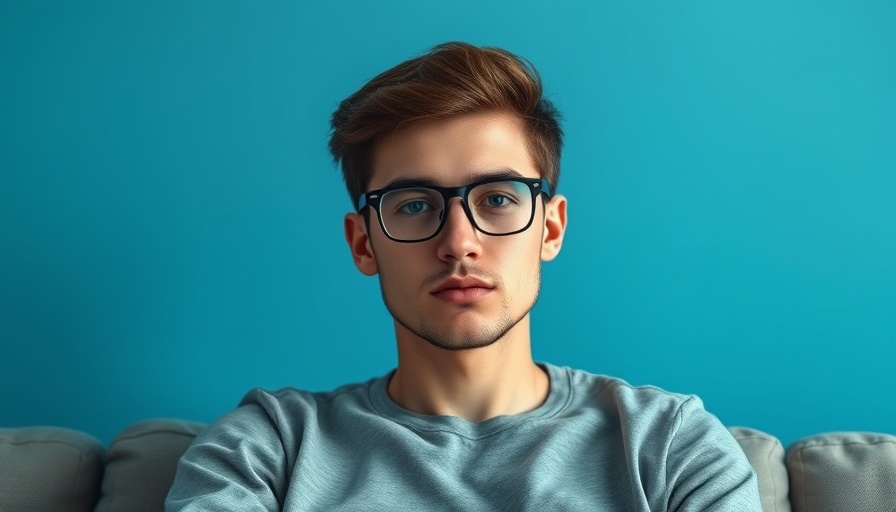 Portrait of a calm young man with glasses in a blue setting.