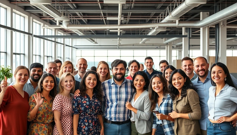 Large group in startup office celebrating sales automation achievements.