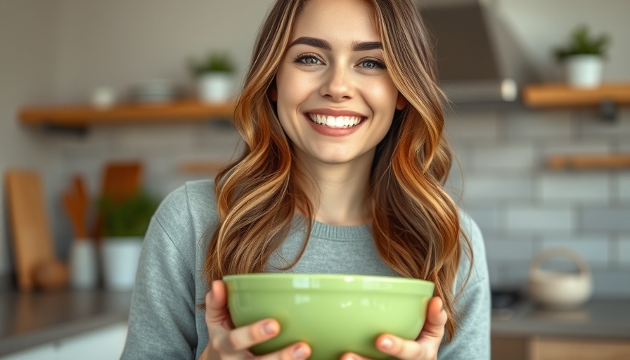 Young woman enjoying clean foods in a kitchen, highlighting weight loss.