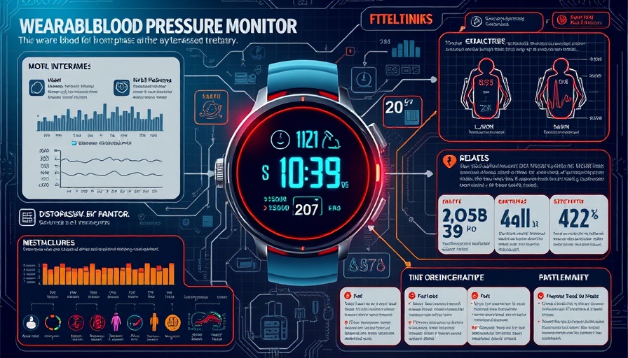 Wearable blood pressure monitor infographic detailing technology and functionality.