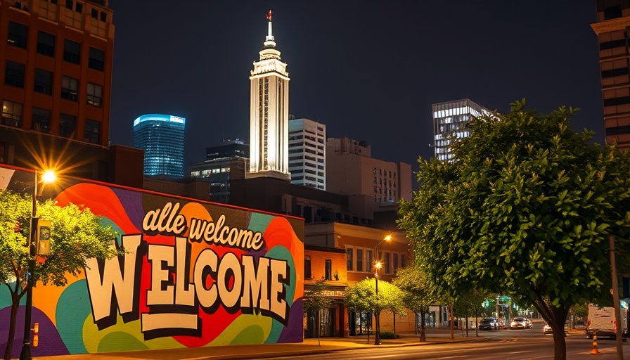 Raleigh cityscape with 'All are welcome' mural at night, Triangle food news