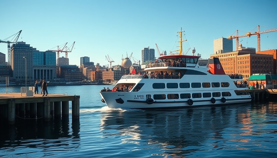 Passenger ferry in New England harbor with cityscape background.