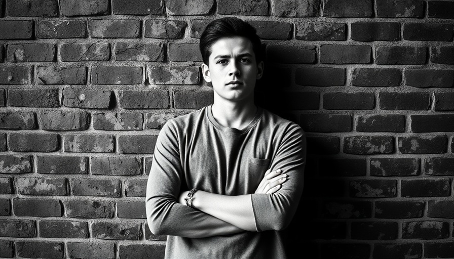 Black and white portrait of a thoughtful man standing by a brick wall