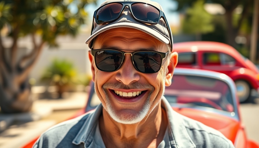 Man smiling in front of vintage red car at outdoor event