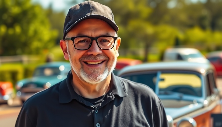 Man at vintage car event, sunny day, cap and glasses worn.