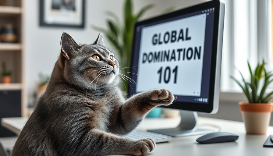 Gray cat watching 'Global Domination 101' in modern office.