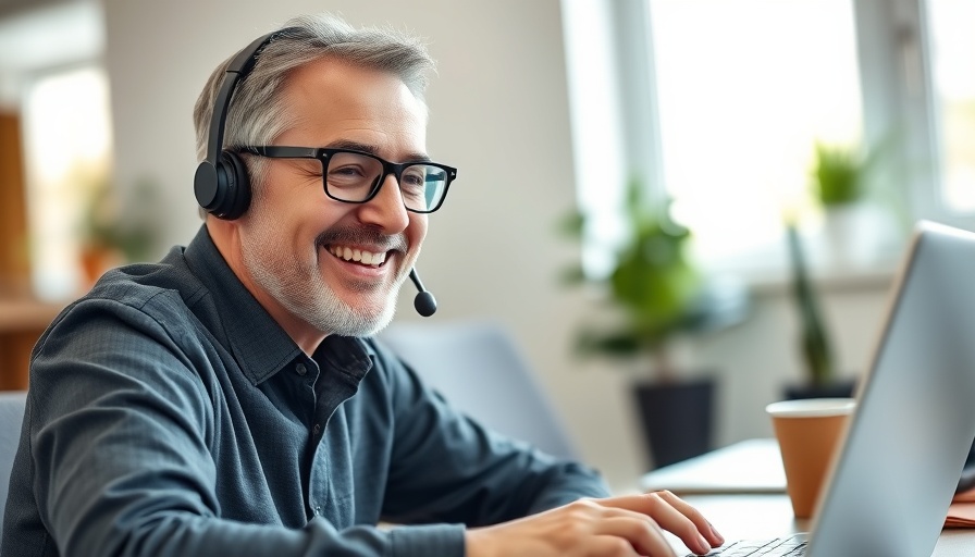 Professional engaged in video call for remote onboarding, office setting.