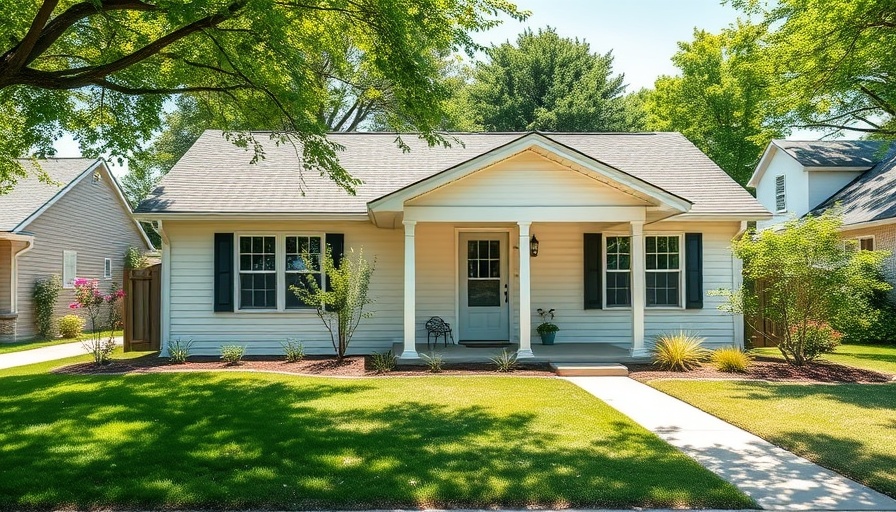 Charming single-story white house in a vibrant, lush yard.