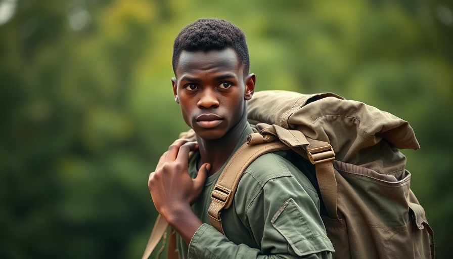 Military personnel carrying duffel bag, intense expression, blurred background.