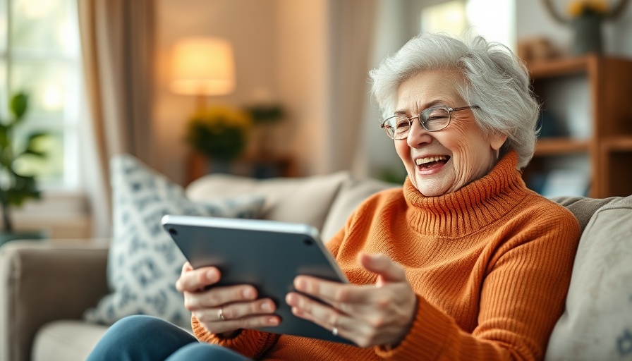 Connected Senior Living Benefits: Smiling woman using a tablet