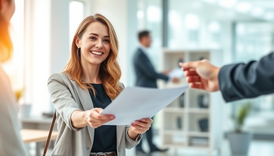Smiling woman in office setting handing over a document, onboarding meaning.