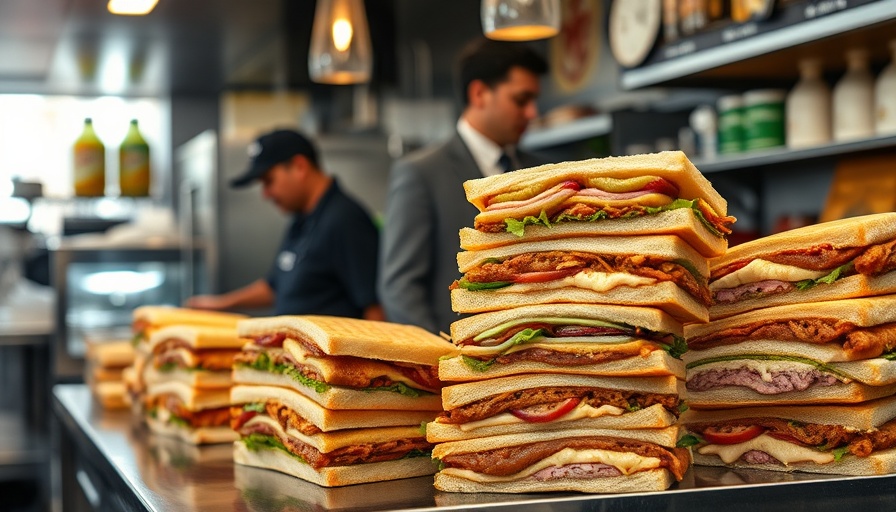 Delicious Cuban sandwiches in a bustling deli kitchen setting.