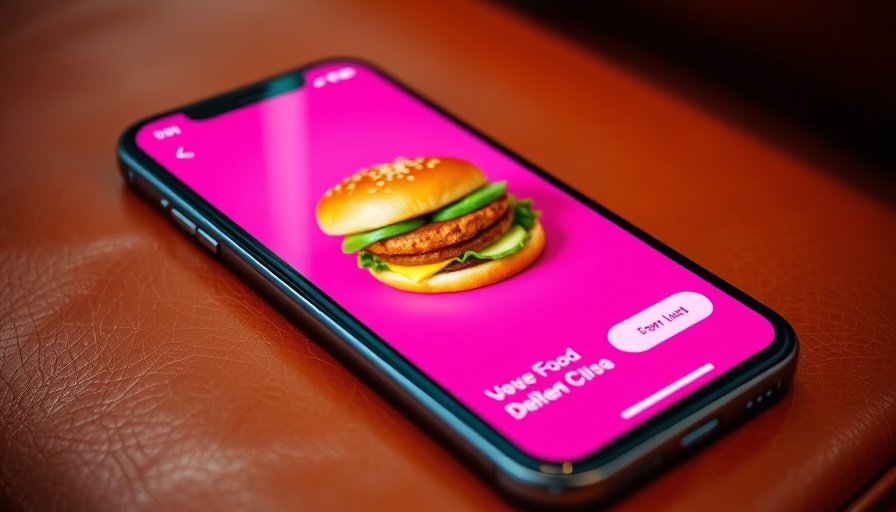 Smartphone showing vibrant food delivery app with burger image.