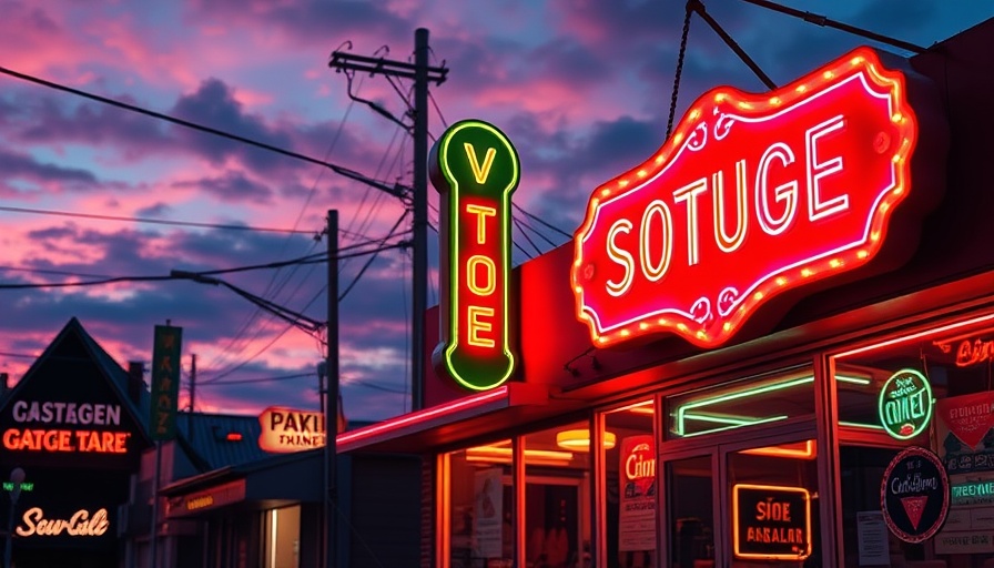 Austin vintage store with neon signs at dusk reflecting on windows.