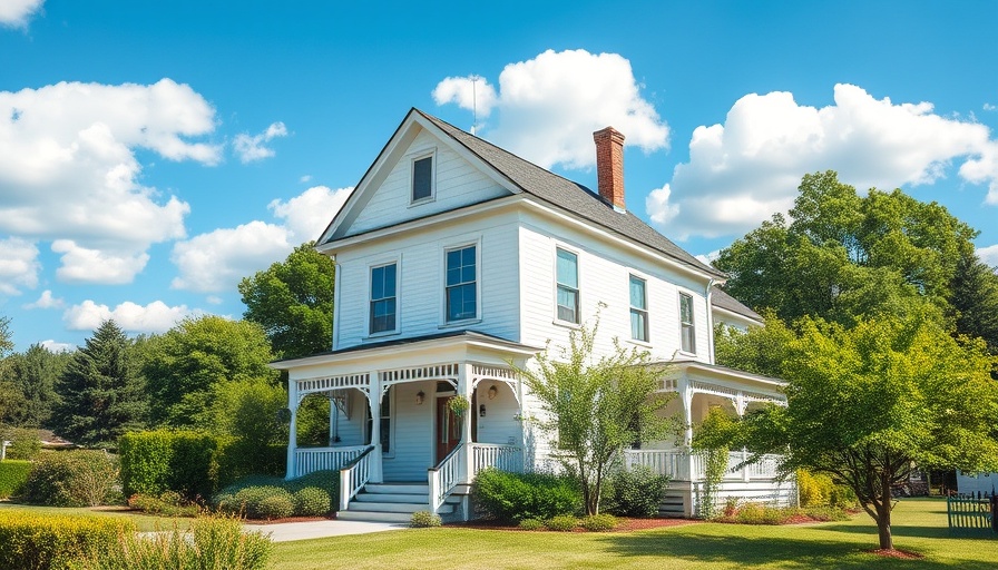Charming white house against blue sky, lush greenery.