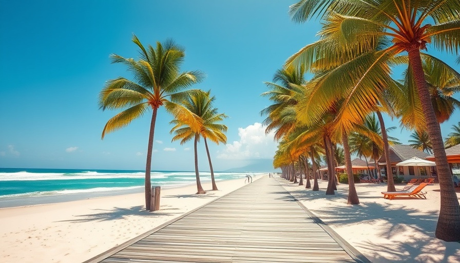 Tropical beach boardwalk leading to ocean, perfect for vacation planning.
