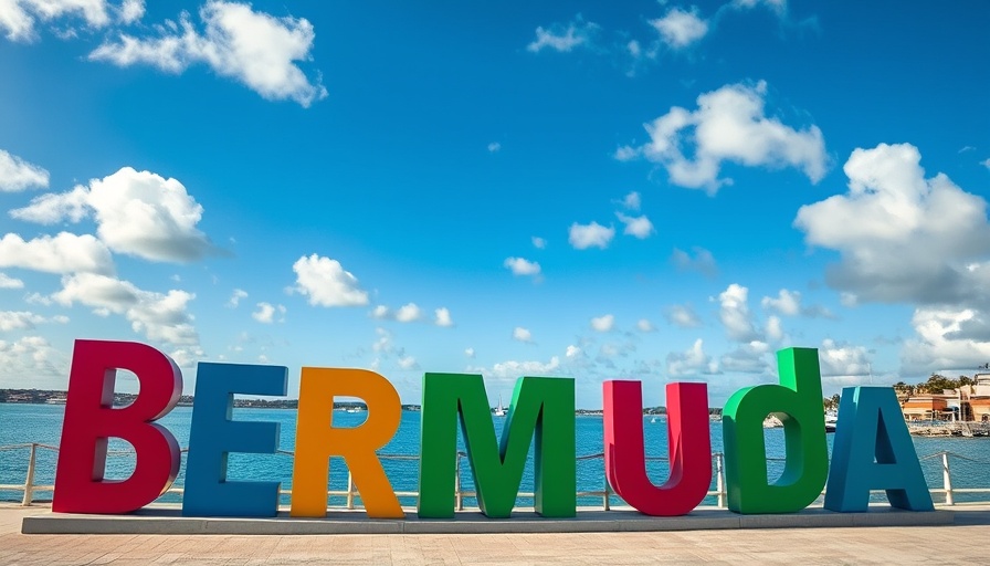 Colorful Bermuda sign by the waterfront, clear skies.