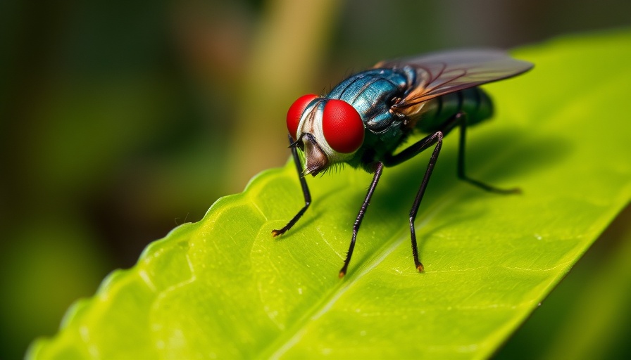 Macro shot of a housefly on a leaf in Texas.