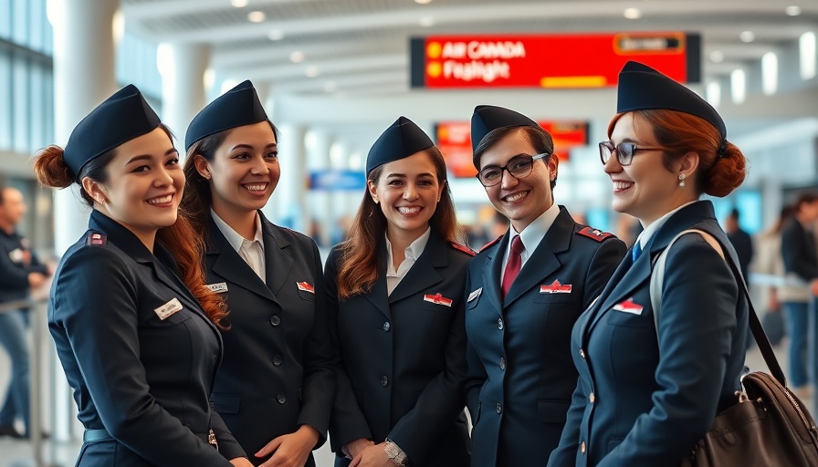 Air Canada flight attendants in airport, smiling and conversing.