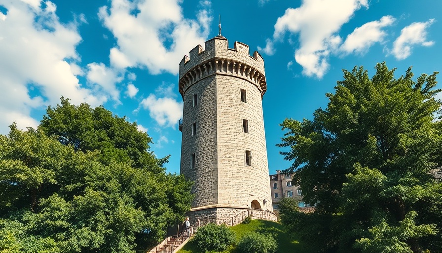 Sturdy stone tower under blue sky with lush foliage.