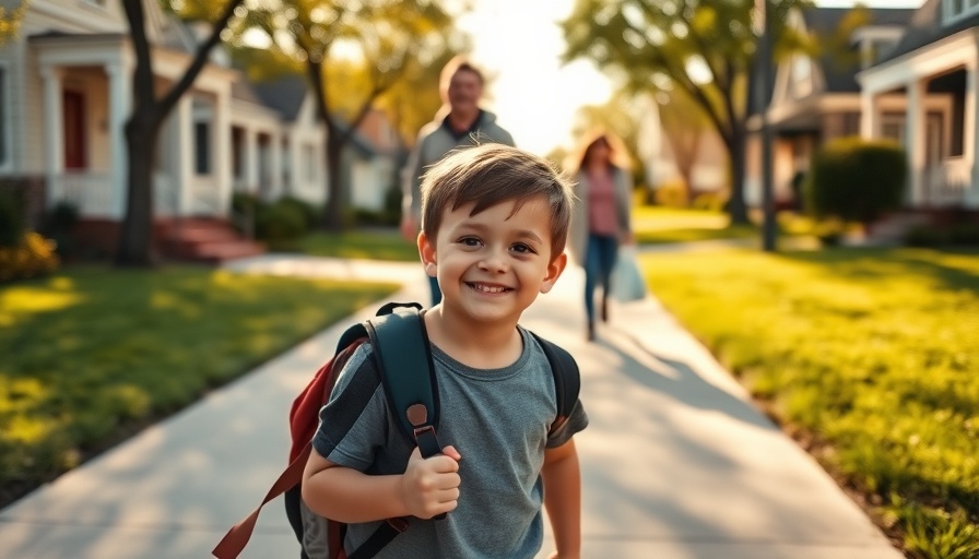 Child with backpack walking with parents near home, highlighting importance of nearby schools to home values.