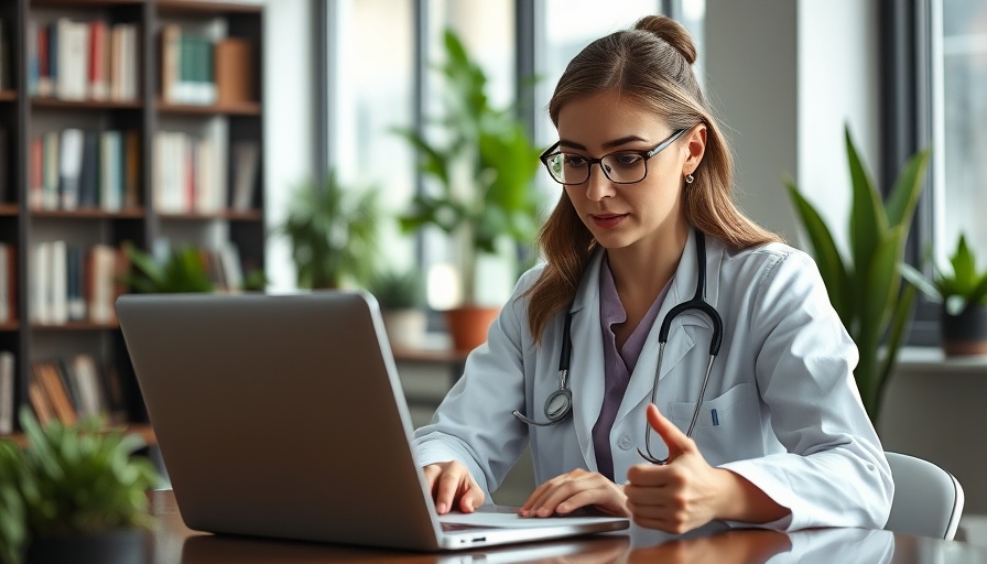 Professional doctor working on laptop in a modern office environment.