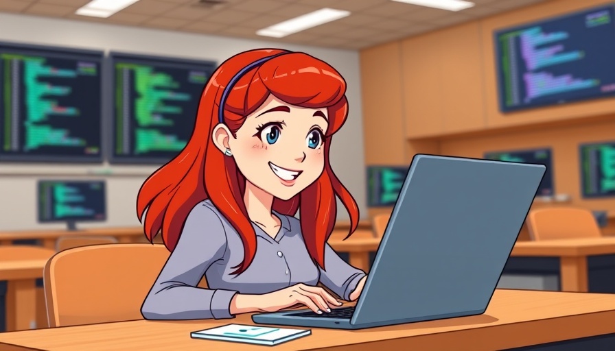Cartoon of student coding with code snippets and icons, learning to code.