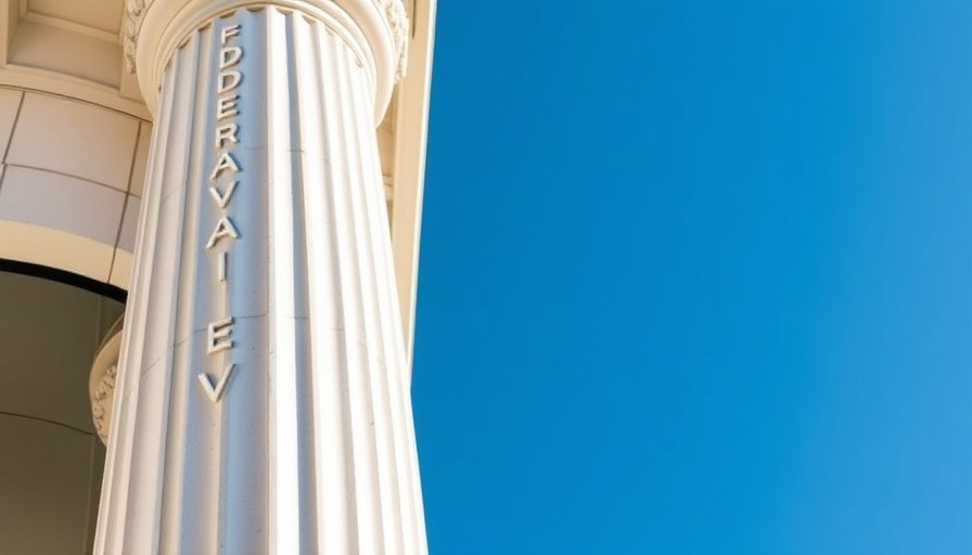 Federal Reserve building columns with engraved lettering.