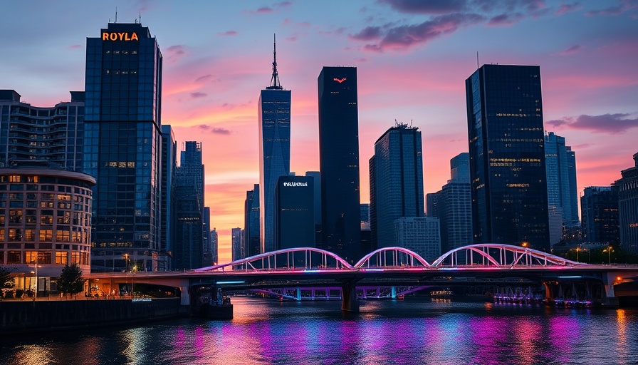 Colorful cityscape resembling a lively Kentucky location at dusk