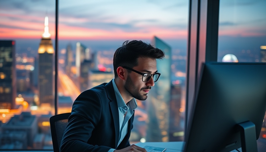Businessman in high-rise office using computer with cityscape view.