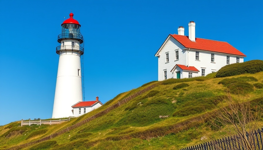 Scenic view of lighthouse and house on Monhegan Island, Maine.