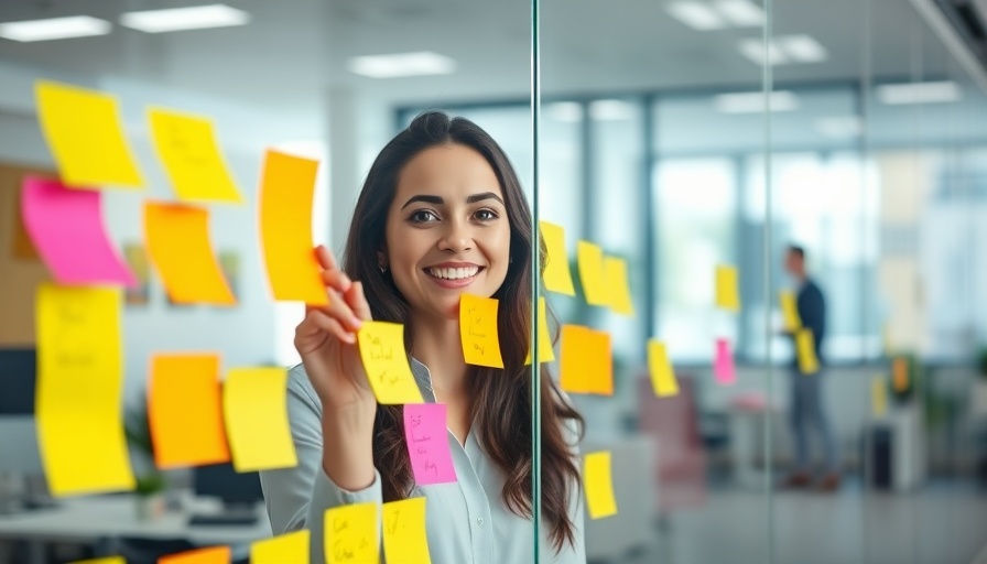 Smiling woman arranging sticky notes in an office for new employee guidelines.
