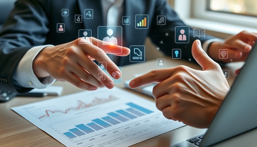 Hands using digital marketing tools with holographic icons.