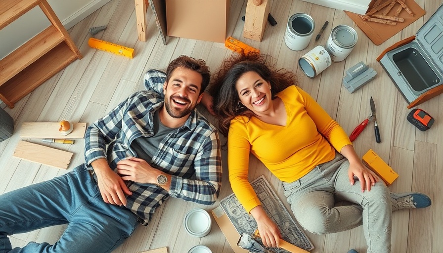 Cheerful couple takes a break during home renovation.